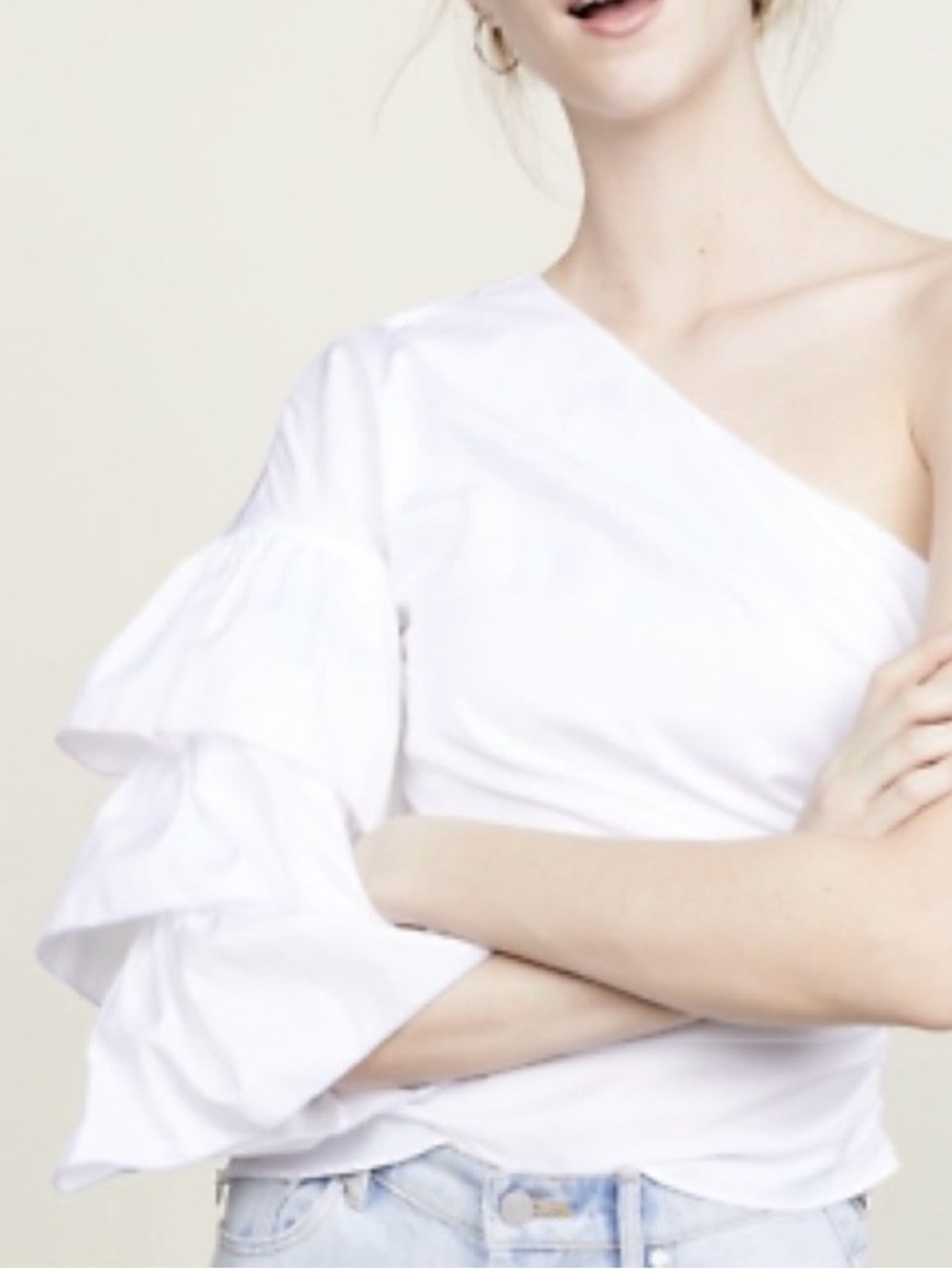 White Ruffle sleeve one arm Women's asymmetrical top